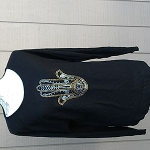 Rachel Zoe Black Embellished Hamsa Hand Dolman Sweater Size Lg Cashmere Blend